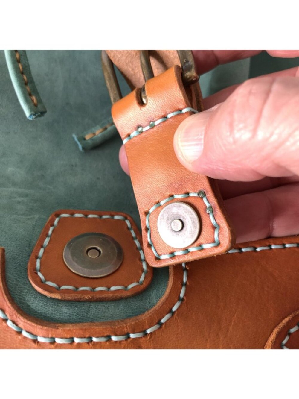Bespoke Backpack Bag Womens Small Turquoise Brown Leather Boho Drawstring Casual - Picture 5 of 16